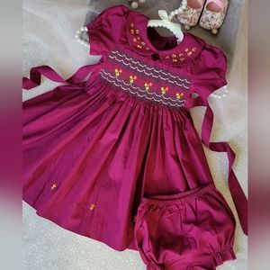 Burgundy Hand-Smocked Embroidered Baby Girl Dress. Toddler Girls Formal Dress.